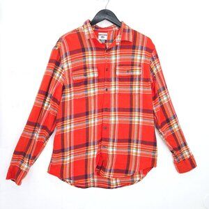Old Navy Orange Navy Plaid Flannel Long Sleeve Button Front Shirt Men Size Larg